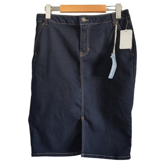 NWT Artisan NY Mid Rise Dark Wash Stretch Midi Denim Skirt Size 8 - Picture 1 of 7